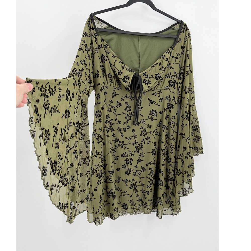 Whimsigoth Bell Sleeve Dress sz 2XL Witchy forest fairy mesh velvet Flared